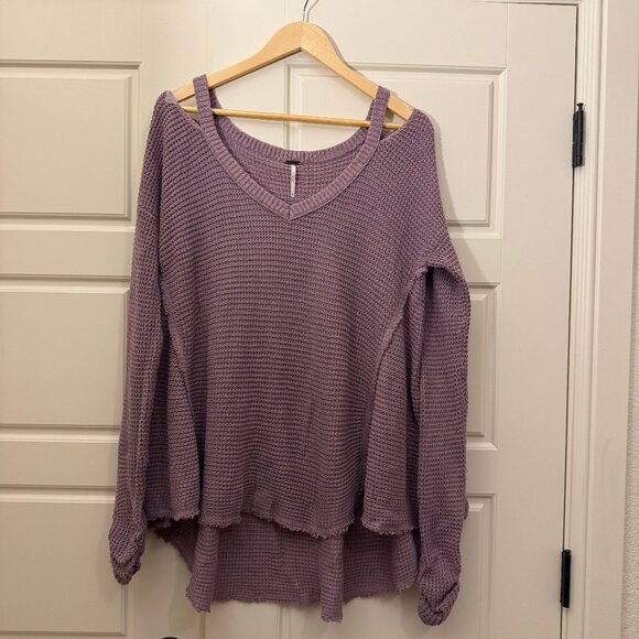 Free People Moonshine Tunic Top Waffle Knit Cotton Purple Cold Shoulder Size L - Picture 2 of 7